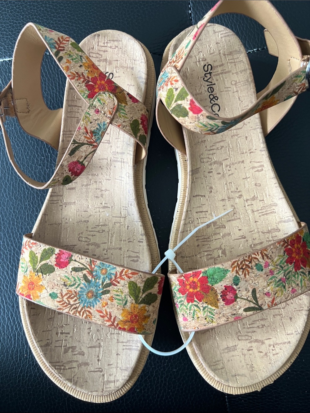 Floral Cork-Textured Ankle Strap Sandals - Beige with Multicolor Flowers